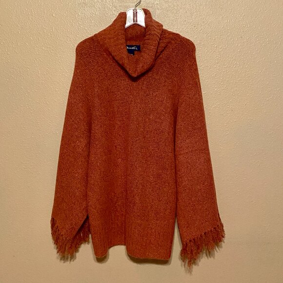 DENIM & CO Sweater Poncho Fringe Sleeves Cowl Neck Rust Wool Blend Size (L) - Picture 1 of 7